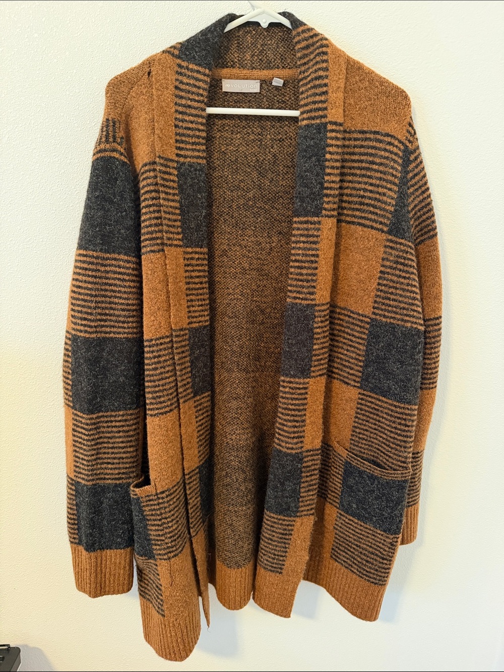 Evolution Open-Front Plaid Shawl Cardigan Sweater - Brown/Charcoal